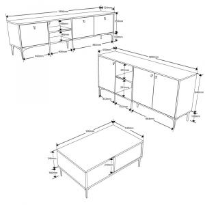 Set comoda TV, comoda sufragerie si masuta de cafea, 180x35x52 cm, 180x45x80 cm, 90x54x40.6 cm, stejar
