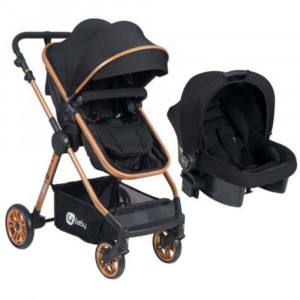 Carucior copii cu maner reversibil, pliabil, spatar reglabil si rabatabil, Comfort Gold, negru