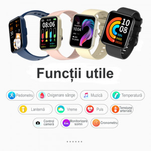 Ceas inteligent smartwatch barbati - dama, ritm cardiac, oxigen sange, tensiune arteriala, Efour Tech E21, crem