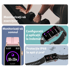 Ceas inteligent smartwatch barbati - femei, ritm cardiac, oxigen sange, tensiune arteriala, Efour Tech F45, negru