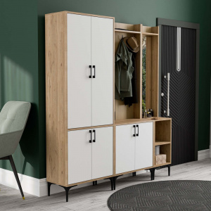 Dulap multifunctional cu cuier,polita si oglinda dreapta, 175x35x195, alb cu stejar