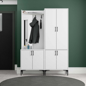 Dulap multifunctional cu cuier si oglinda stanga, 140x35x195, alb