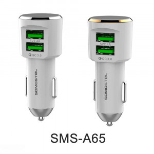 Incarcator auto cu 2 porturi, Model SMS-A65, Quick Charge 3.0 plus cablu Lightning, alb