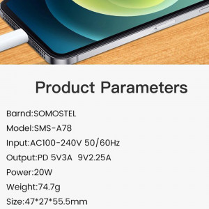 Incarcator retea Macaron SMS-A78, plus cablu Type-C, albastru