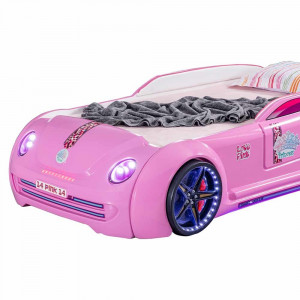 Pat pentru copii Car cu LED, Pink Love, 230x120x60cm