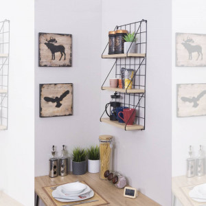 Raft de perete cu 3 polite, stil industrial, stejar cu negru, Lira