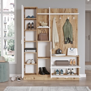 Set modern pentru hol cu polite si oglinda, 140x35x182, pin cu alb