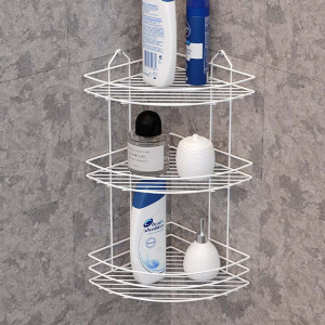 Suport baie cromat 3 etajere pentru colt, alb mat