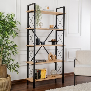 Biblioteca Elysian din PAL melaminat si metal, 90 cm, culoare stejar cu negru - Img 1