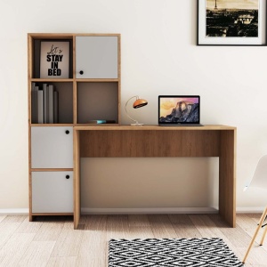 Birou lucru cu rafturi stanga, dimensiuni 120x75x51,5 cm, alb cu stejar