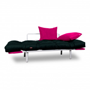 Canapea extensibila 2 locuri cadru inox, negru, perne roz incluse