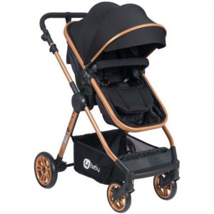 Carucior copii cu maner reversibil, pliabil, spatar reglabil si rabatabil, Comfort Gold, negru