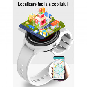 Ceas inteligent smartwatch copii cu GPS si cartela, rezistent la apa, Efour Tech FG-33, alb
