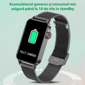 Ceas inteligent smartwatch barbati - femei, ritm cardiac, oxigen sange, tensiune arteriala, Efour Tech F45, negru