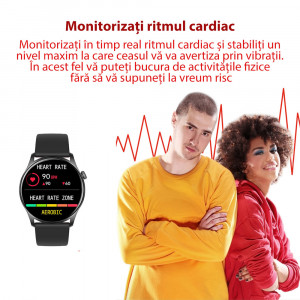Ceas inteligent smartwatch barbati - femei, ritm cardiac, oxigen sange, tensiune arteriala, Efour Tech KC08, auriu