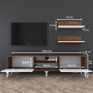 Comoda TV clasic, cu 2 rafturi suspendate, alb cu nuc, Mina