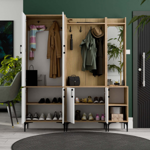 Dulap multifunctional cu cuier,polita si oglinda dreapta, 175x35x195, alb cu stejar