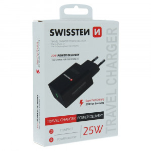 Incarcator retea priza PD iPhone si Samsung, 25W, Swissten, negru