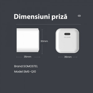 Incarcator retea mini SMS-Q10, PD 20W plus cablu Iphone, alb