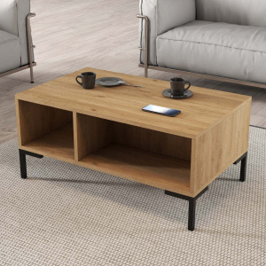 Masuta de cafea, pal melaminat, picior metal, 90x54x40.6 cm, stejar