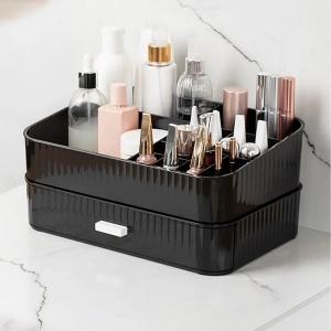 Organizator Lux makeup multifunctional cu 2 etajere, negru lucios