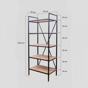 Raft pentru bucatarie cu cadru metalic si 5 polite, negru cu stejar, Vitis