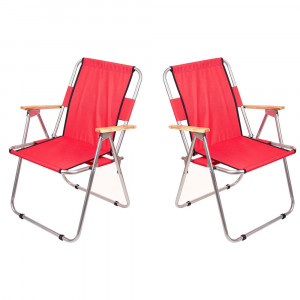 Set 2 scaune camping pliant cu cotiere, structura metalica, rosu