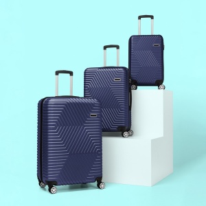 Set 3 trolere Artenova cu 4 roti, compartiment rigid, maner telescopic, cifru, albastru inchis