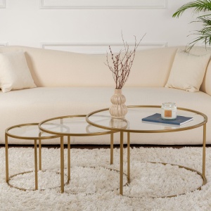 Set de 3 masute de cafea Aurum din sticla securizata si cadru metalic, design modern, auriu - Img 3