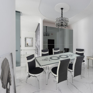 Set masa extensibila Galant White, alb cu negru, MDF acoperit cu sticla, 6 scaune, living si bucatarie
