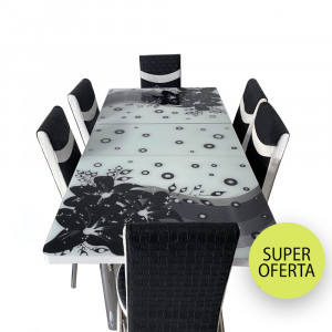 Set masa extensibila Cecille, negru cu alb, MDF acoperit cu sticla, 6 scaune, picioare cromate