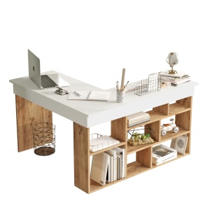 Birou de colt cu rafturi, Aramis, 115x120x42 cm, pin - alb