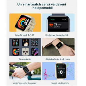 Ceas inteligent smartwatch barbati - dama, ritm cardiac, oxigen sange, tensiune arteriala, Efour Tech E21, crem