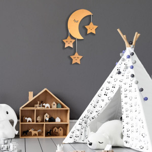 Decoratiune de perete pentru copii, Dream, Moon and Stars, MDF, auriu
