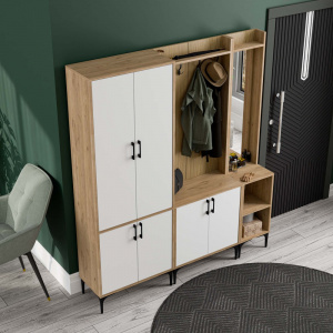 Dulap multifunctional cu cuier,polita si oglinda dreapta, 175x35x195, alb cu stejar