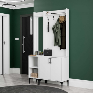 Dulap multifunctional cu cuier si oglinda stanga, 105x35x195, alb