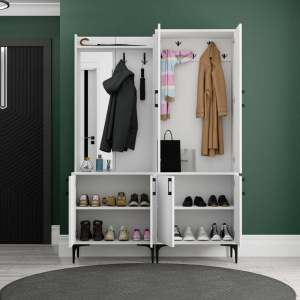 Dulap multifunctional cu cuier si oglinda stanga, 140x35x195, alb
