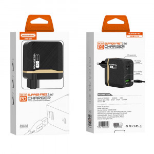 Incarcator retea cu 2 porturi SMS-Q05, Quick Charge 3.0, plus cablu Iphone, negru