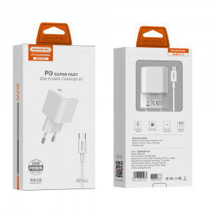 Incarcator retea mini SMS-Q10, PD 20W plus cablu Iphone, alb