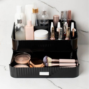 Organizator Lux makeup multifunctional cu 2 etajere, negru lucios