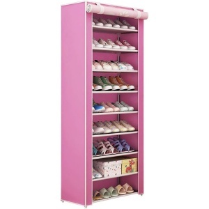 Pantofar dulap textil pentru incaltaminte cu 9 rafturi de depozitare, roz