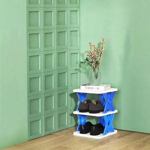 Raft organizator rabatabil pentru pantofi,  modular, cu 2 rafturi, alb cu albastru 