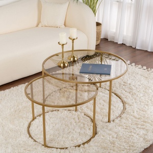 Set 2 masute de cafea Aurum din sticla securizata si cadru metalic, design modern, auriu cu bronz - Img 1