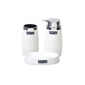 Set 3 accesorii baie din plastic dur, dozator sapun lichid, sapuniera, suport periute, Stripe, alb