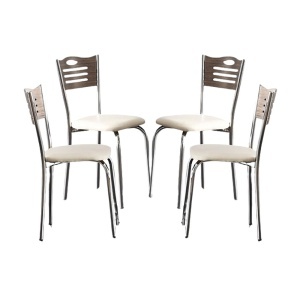 Set 4 scaune cu cadru cromat, spatar aspect lemn si sezut tapitat