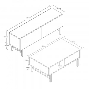 Set comoda TV si masuta de cafea, 138x29.5x50 cm, 90x54x39.6 cm, alb