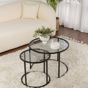 Set de 2 masute de cafea Aurum cu blat din sticla securizata si cadru metalic, negru cu gri - Img 1