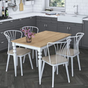 Set masa cu 4 scaune pentru bucatarie, living, alb cu stejar