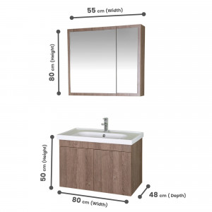 Set mobilier baie cu lavoar, corp lavoar si dulap oglinda, Tuia