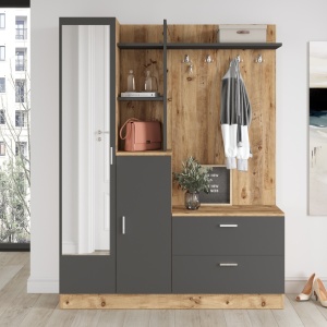 Set modern pentru hol cu polite si oglinda, 140x35x182, pin cu antracit